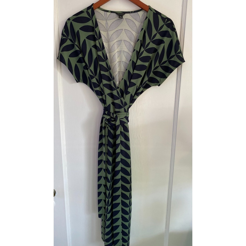Ann Taylor Womens 8T Green & Navy Wrap Midi Short Sleeve V Neck Dress